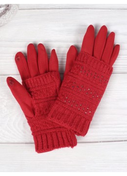 Cable Knit Double Layered Touch Screen Gloves W/ Rhinestones