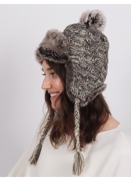 Warm Fur Cable Knitted Hat W/ Ear Flaps & Cable Tassels /Dark Grey