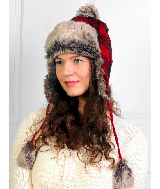 Buffalo Plaid Fur Hat W/ Pompoms