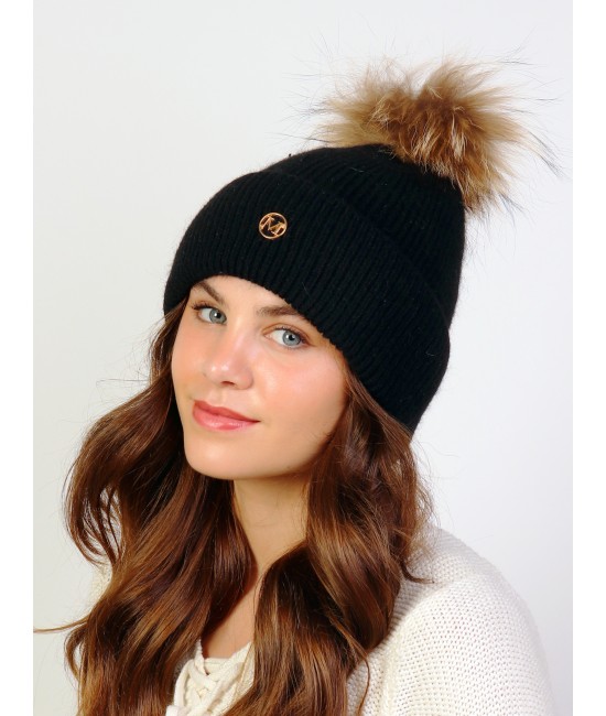 Cashmere Feeling Knitted Hat W/ Fur Pom Pom and Removable M pin