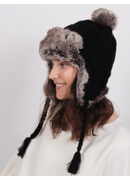 Warm Fur Cable Knitted Hat W/ Ear Flaps & Cable Tassels /Black