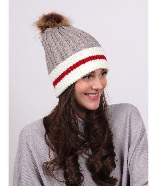 Cable Knitted Camp Hat W/ Pompom