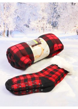 Buffalo Plaid Indoor Anti-Skid Slipper Socks + Double Sided Queen Size Flannel Blanket (SC1044-01 + BL001314)