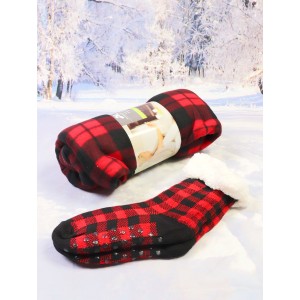 Buffalo Plaid Indoor Anti-Skid Slipper Socks + Double Sided Queen Size Flannel Blanket (SC1044-01 + BL001314)