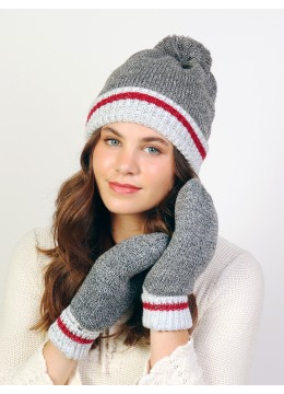 Pompom Hat & Double Layered Mittens W/ Red Stripe Set