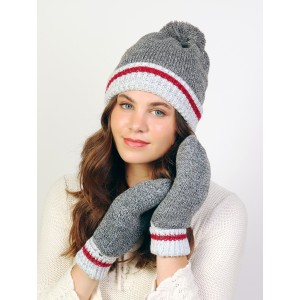 Pompom Hat & Double Layered Mittens W/ Red Stripe Set