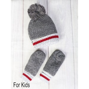 Kids Pompom Hat & Double Layered Mittens W/ Red Stripe Set (HAT1310+ GL11531) (3 months - 4 years old)