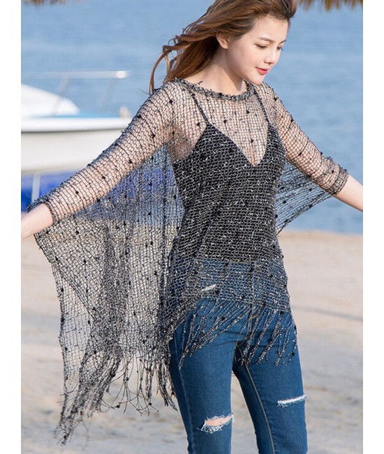 Loose Multi Knit Top With Fringe