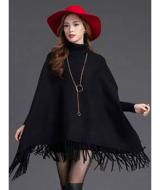 Solid Colour Turtleneck Poncho W/ Fringes