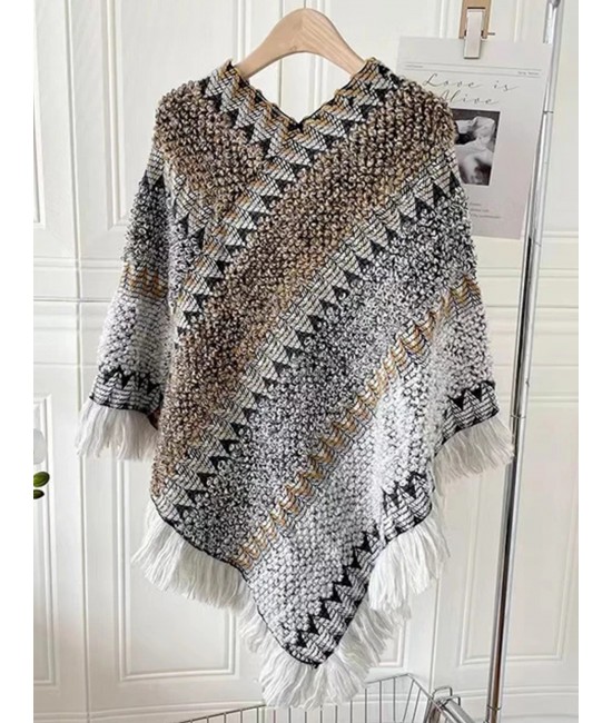 Boho Aztec Poncho W/ Fringes 