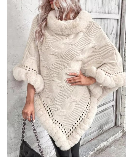 Solid Color Knitted Poncho W/ Fur Collar & Trim
