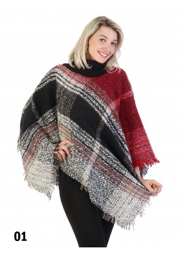 Loose Neck Poncho W/ Strips and Plaid /Beige