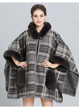 Plaid Patterned Cape W/ Fur Collar Pocket and Sleeves 