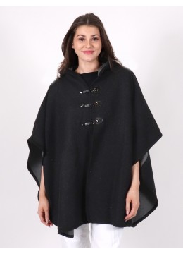Soft Wool Feeling Hooded Cape W/ Faux Leather Buttons