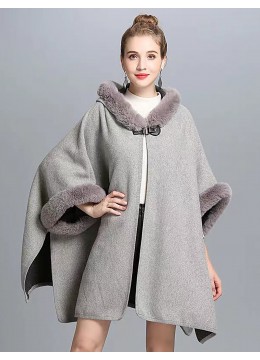 Plush Wool Feeling Hooded Cape W/ Button