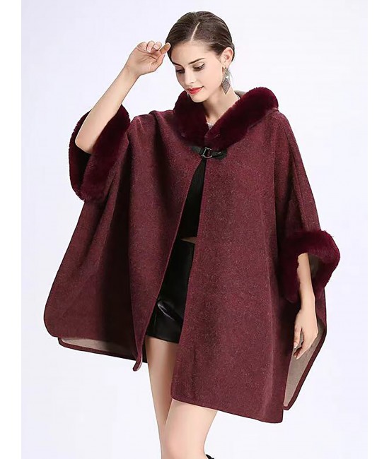 Plush Wool Feeling Hooded Cape W/ Button
