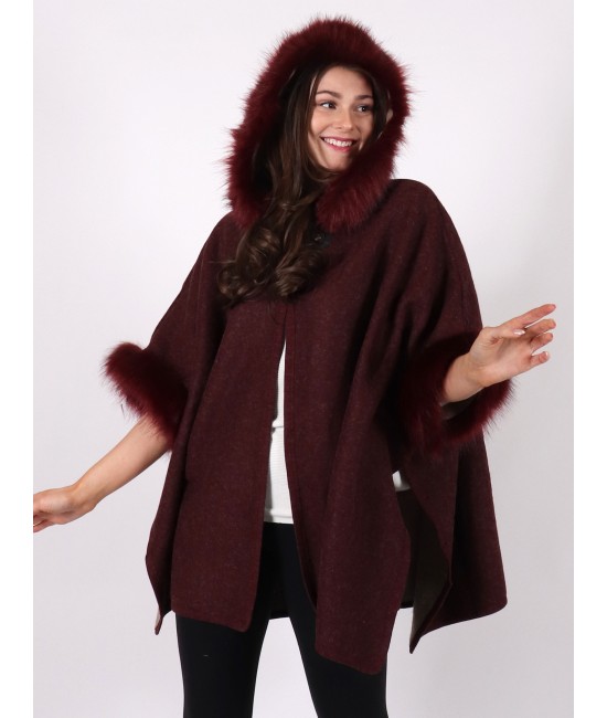 Faux Fur Wool Feeling Hooded Cape W/ Button Faux Fur Wool Feeling Hooded Cape W/ Button
