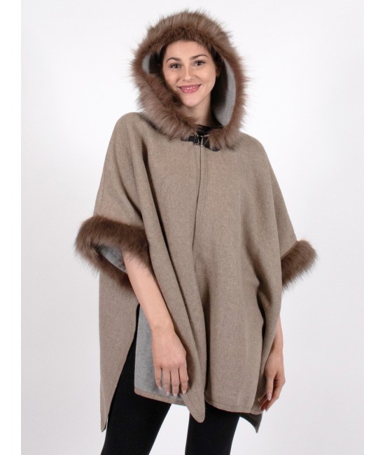 Faux Fur Wool Feeling Hooded Cape W/ Button