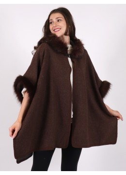 Faux Fur Wool Feeling Hooded Cape W/ Button