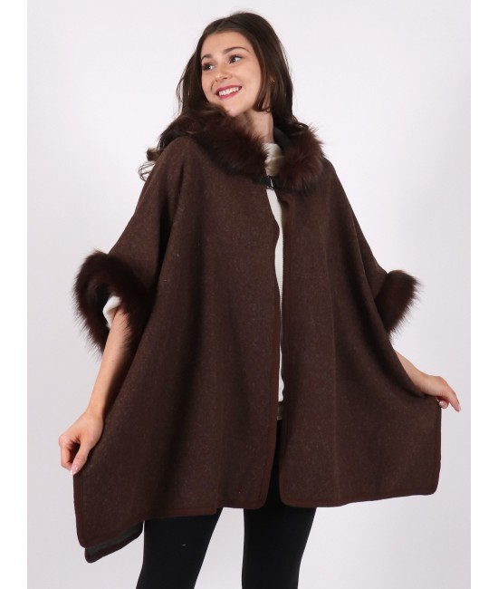 Faux Fur Wool Feeling Hooded Cape W/ Button
