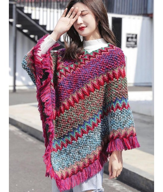Boho Aztec Poncho W/ Fringes 