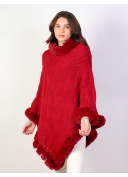 Solid Color Knitted Poncho W/ Fur Collar & Trim