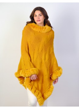 Solid Color Knitted Poncho W/ Fur Collar & Trim