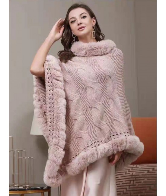 Solid Color Knitted Poncho W/ Fur Collar & Trim