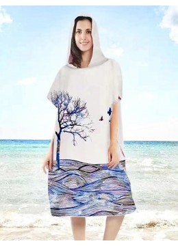 Ladies Fashion Print Beach Towel Robe  W/ Hood