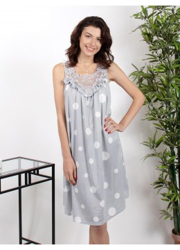 Polka Dots Print Nightgown W/ Lace Neckline