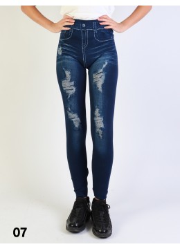 Mid-Rise Denim Style Stretchy Fleece Lined Leggings /Distressed 