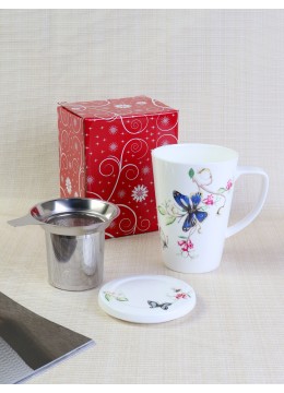 Porcelain Hummingbird Mug With Lid & Infuser With Gift Box