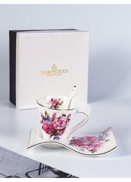 Porcelain Roses Wave Caffe Mug, Saucer & Spoon Set With Gift Box