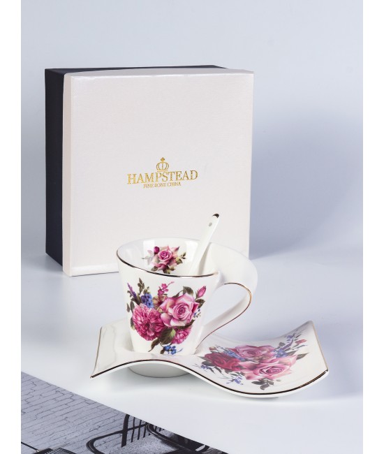 Porcelain Roses Wave Caffe Mug, Saucer & Spoon Set With Gift Box