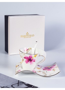Porcelain Levender Wave Caffe Mug, Saucer & Spoon Set With Gift Box