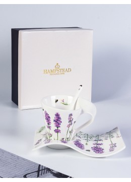 Porcelain Levender Wave Caffe Mug, Saucer & Spoon Set With Gift Box