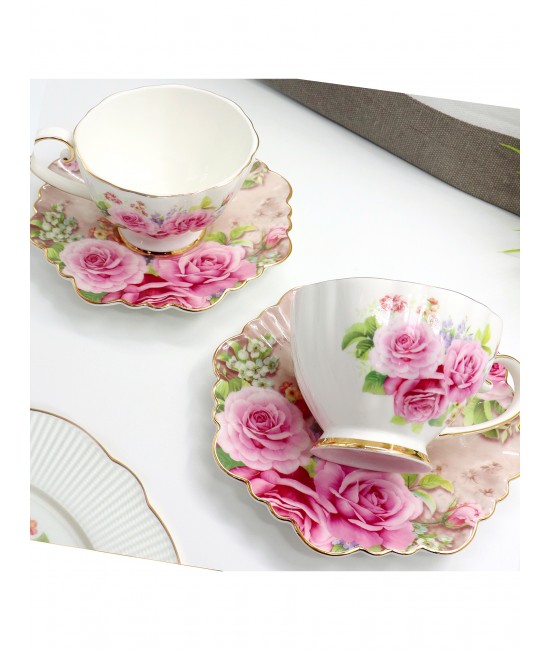 Pink Roses With Gold 2 Cups and 2 Saucers With Gift Box Pink Roses With Gold 2 Cups and 2 Saucers With Gift Box
