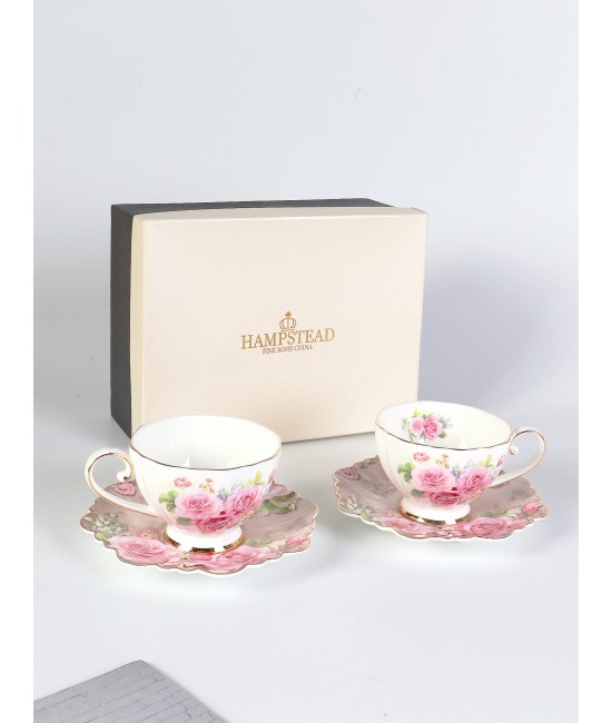 Pink Roses With Gold 2 Cups and 2 Saucers With Gift Box