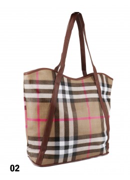 Plaid Print Tote Bag With Faux Leather Accents /Beige