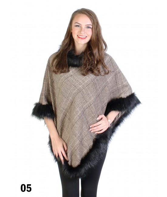 Checked Print Poncho W/ Fur Edge