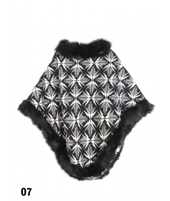 Geometric-Pattern Poncho W/ Fur Edge Geometric-Pattern Poncho W/ Fur Edge