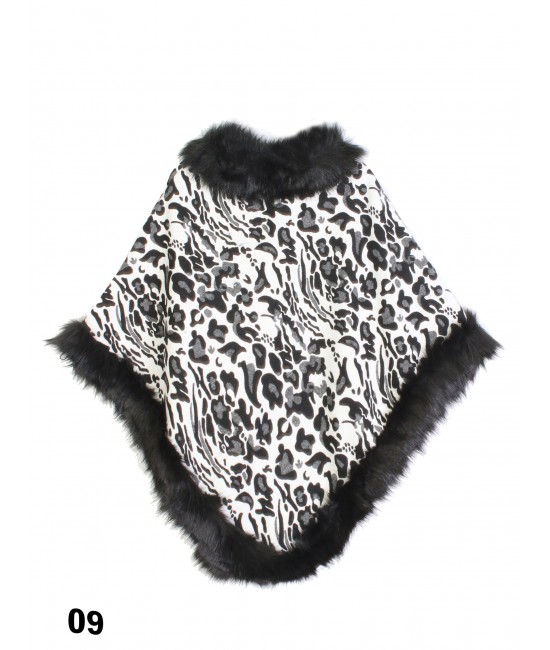 Black & White Leopard Print Poncho W/ Fur Edge