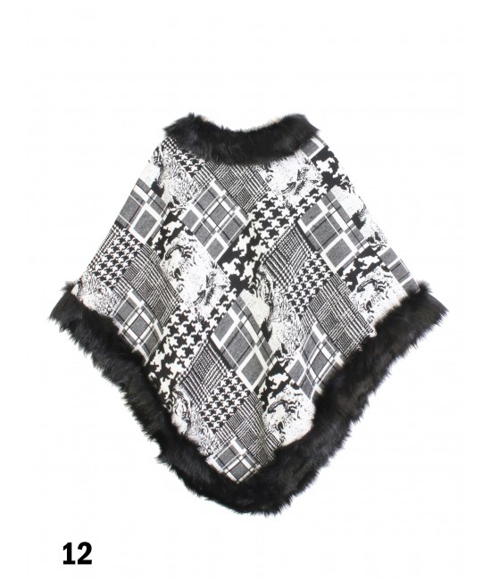 Black & White Chic Imitative Poncho W/ Fur Edge Black & White Chic Imitative Poncho W/ Fur Edge